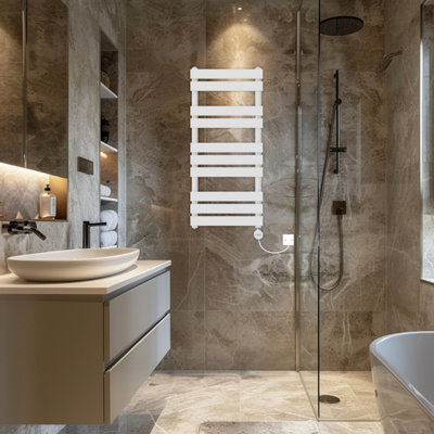 Rinse Bathrooms Flat Panel Electric Heated Towel Rail Touch Screen Timer Bathroom Radiator Prefilled White 1000x450mm 600W