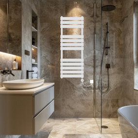 Rinse Bathrooms Flat Panel Electric Heated Towel Rail Touch Screen Timer Bathroom Radiator Prefilled White 1200x450mm 600W