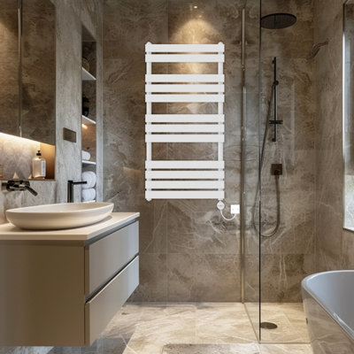 Rinse Bathrooms Flat Panel Electric Heated Towel Rail Touch Screen Timer Bathroom Radiator Prefilled White 1200x600mm 600W
