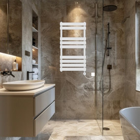 Rinse Bathrooms Flat Panel Electric Heated Towel Rail Touch Screen Timer Bathroom Radiator Prefilled White 950x500mm 400W