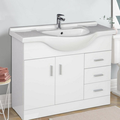 Rinse Bathrooms Gloss White Painted Bathroom Basin Sink Vanity Unit Cabinet Soft Close Door Hinges Floor Standing 1050mm