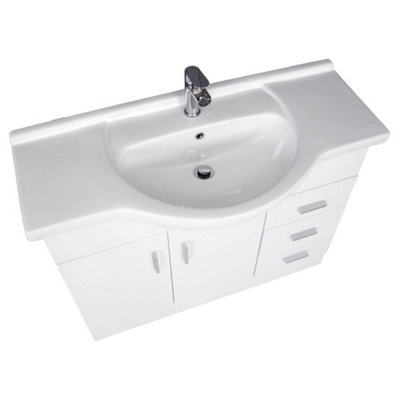 1050mm White Gloss Bathroom Vanity Unit With Ceramic Basin & Drawer - Flat Pack For Self Assembly