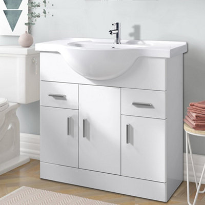 Rinse Bathrooms Gloss White Painted Bathroom Basin Sink Vanity Unit Cabinet Soft Close Door Hinges Floor Standing 850mm Price Comparisons | Compare The Build