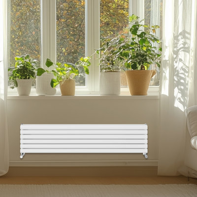 Rinse Bathrooms Horizontal Radiator Oval Panel Double Column Hallway Bathroom Radiator White 354 x 1600mm