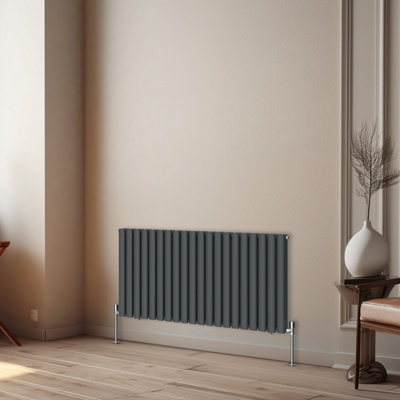 Rinse Bathrooms Horizontal Radiators Oval Double Panel Anthracite Column Designer Radiator 600x1180mm