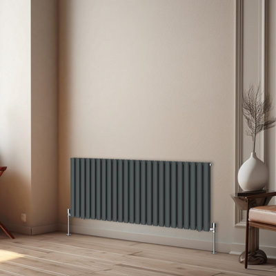 Rinse Bathrooms Horizontal Radiators Oval Double Panel Anthracite Column Designer Radiator 600x1416mm