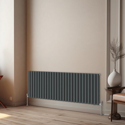 Rinse Bathrooms Horizontal Radiators Oval Double Panel Anthracite Column Designer Radiator 600x1593mm