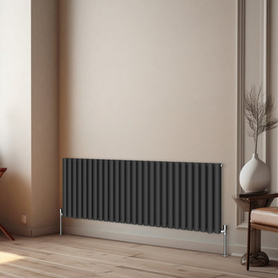 Rinse Bathrooms Horizontal Radiators Oval Double Panel Black Column Designer Radiator 600x1593mm