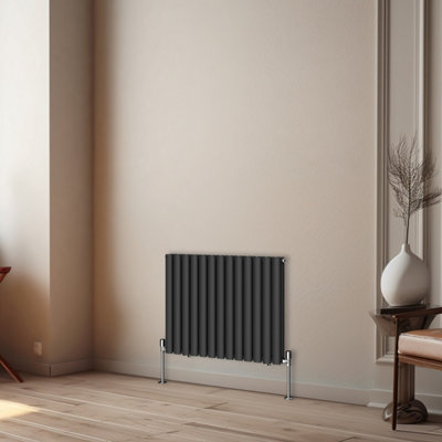 Rinse Bathrooms Horizontal Radiators Oval Double Panel Black Column Designer Radiator 600x767mm