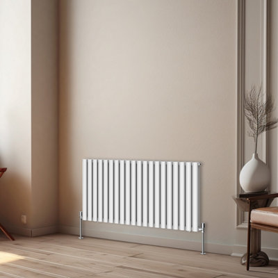 Rinse Bathrooms Horizontal Radiators Oval Double Panel White Column Designer Radiator 600x1180mm