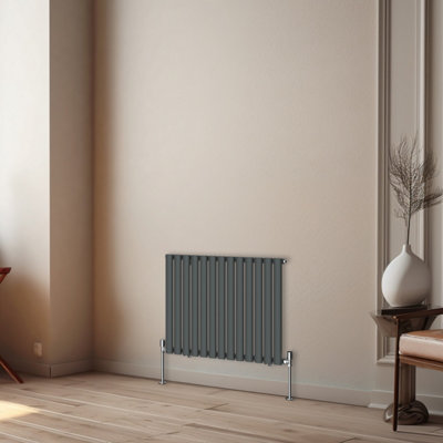 Rinse Bathrooms Horizontal Radiators Oval Single Panel Anthracite Column Designer Radiator 600x767mm