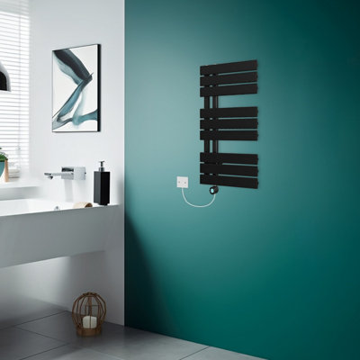Rinse Bathrooms Prefilled Electric Heated Rail with Timer Designer Flat Panel Thermostatic Bathroom Radiator Black 824x500mm Price Comparisons | Compare The Build