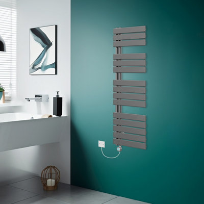 Rinse Bathrooms Prefilled Electric Heated Rail with Timer Designer Flat Panel Thermostatic Bathroom Radiator Gunmetal 1380x500mm