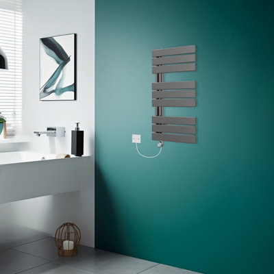 Rinse Bathrooms Prefilled Electric Heated Rail with Timer Designer Flat Panel Thermostatic Bathroom Radiator Gunmetal 824x500mm Price Comparisons | Compare The Build