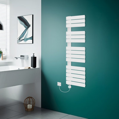 Rinse Bathrooms Prefilled Electric Heated Rail with Timer Designer Flat Panel Thermostatic Bathroom Radiator White 1380x500mm Price Comparisons | Compare The Build