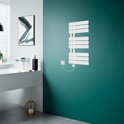 Rinse Bathrooms Prefilled Electric Heated Rail with Timer Designer Flat Panel Thermostatic Bathroom Radiator White 824x500mm Price Comparisons | Compare The Build
