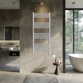 Rinse Bathrooms Prefilled Electric Thermostatic Heated Towel Rail Bathroom Radiator Straight with 800W Timer Chrome 1400x600mm