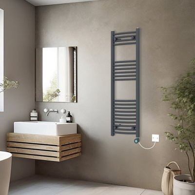 Rinse Bathrooms Smart WiFi Thermostatic Electric Bathroom Curved Heated Towel Rail Radiator with Timer 1200x400mm - Anthracite