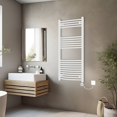 Rinse Bathrooms Smart WiFi Thermostatic Electric Bathroom Curved Heated Towel Rail Warmer Radiator with Timer 1200x600mm - White