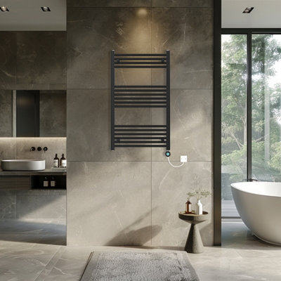 Rinse Bathrooms Smart WiFi Thermostatic Electric Bathroom Straight Heated Towel Rail Radiator with Timer 1000x600mm - Black
