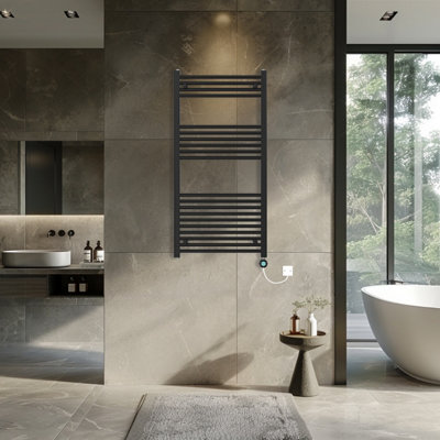 Rinse Bathrooms Smart WiFi Thermostatic Electric Bathroom Straight Heated Towel Rail Radiator with Timer 1200x600mm - Black