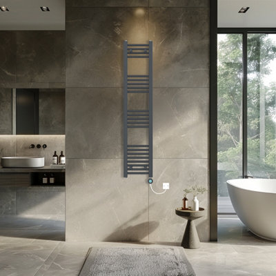 Rinse Bathrooms Smart WiFi Thermostatic Electric Bathroom Straight Heated Towel Rail Radiator with Timer 1400x300mm - Anthracite