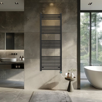 Rinse Bathrooms Smart WiFi Thermostatic Electric Bathroom Straight Heated Towel Rail Radiator with Timer 1600x600mm - Black