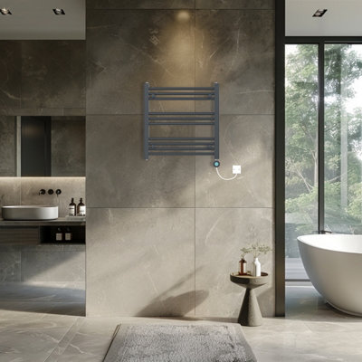 Rinse Bathrooms Smart WiFi Thermostatic Electric Bathroom Straight Heated Towel Rail Radiator with Timer 600x600mm - Anthracite