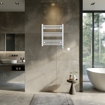 Rinse Bathrooms Smart WiFi Thermostatic Electric Bathroom Straight Heated Towel Rail Radiator with Timer 600x600mm - White