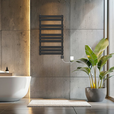 Rinse Bathrooms Smart WiFi Touch Screen Thermostatic Electric Heated Towel Rail Black Flat Panel with Timer 1000x600mm 600W