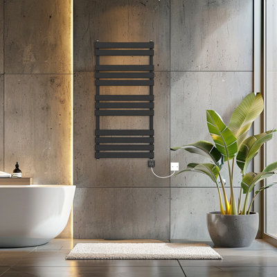 Rinse Bathrooms Smart WiFi Touch Screen Thermostatic Electric Heated Towel Rail Black Flat Panel with Timer 1200x600mm 600W