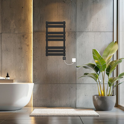Rinse Bathrooms Smart WiFi Touch Screen Thermostatic Electric Heated Towel Rail Black Flat Panel with Timer 800x450mm 400W