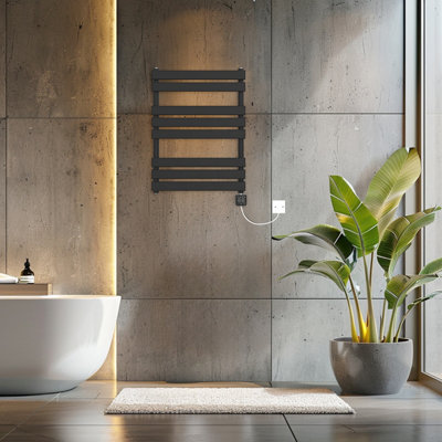 Rinse Bathrooms Smart WiFi Touch Screen Thermostatic Electric Heated Towel Rail Black Flat Panel with Timer 800x600mm 400W