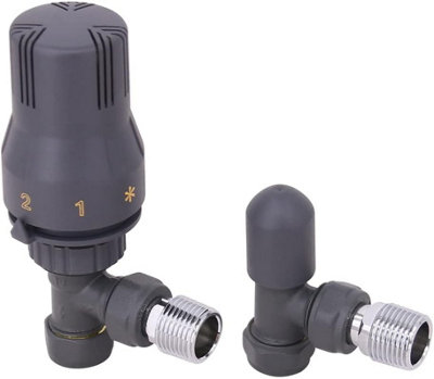 Rinse Bathrooms Thermostatic Radiator Valve 15mm x 1/2" Angled Anthracite Rad TRV + Lockshield