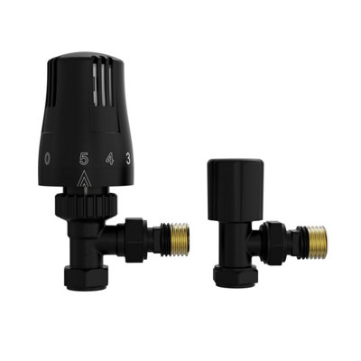 Rinse Bathrooms Thermostatic Radiator Valve 15mm x 1/2" Angled Black Rad TRV + Lockshield