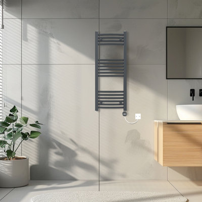 Rinse Bathrooms Touch Screen Curved Electric Thermostatic Bathroom Towel Radiator with Timer Anthracite 1000x400mm