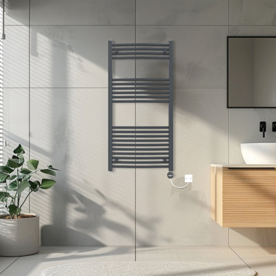 Rinse Bathrooms Touch Screen Curved Electric Thermostatic Bathroom Towel Radiator with Timer Anthracite 1200x600mm