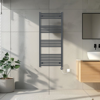 Rinse Bathrooms Touch Screen Curved Electric Thermostatic Bathroom Towel Radiator with Timer Anthracite 1400x600mm