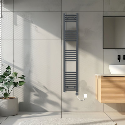 Rinse Bathrooms Touch Screen Curved Electric Thermostatic Bathroom Towel Radiator with Timer Anthracite 1600x300mm