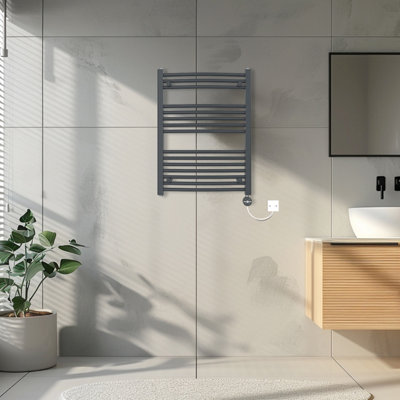 Rinse Bathrooms Touch Screen Curved Electric Thermostatic Bathroom Towel Radiator with Timer Anthracite 800x600mm