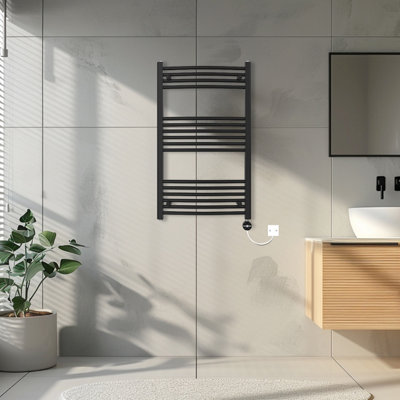 Rinse Bathrooms Touch Screen Electric Heated Towel Rail Curved Thermostatic Bathroom Towel Radiator with Timer Black 1000x600mm