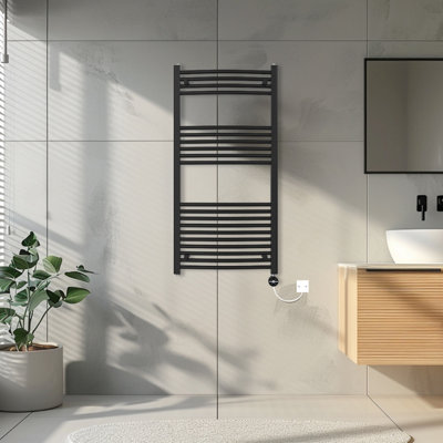 Rinse Bathrooms Touch Screen Electric Heated Towel Rail Curved Thermostatic Bathroom Towel Radiator with Timer Black 1200x600mm