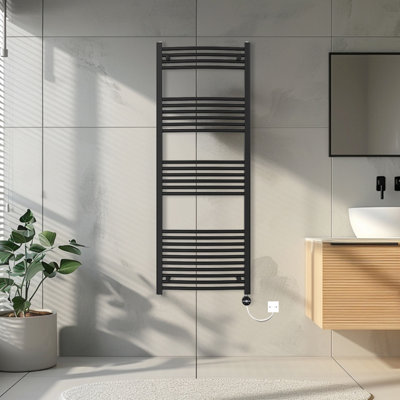 Rinse Bathrooms Touch Screen Electric Heated Towel Rail Curved Thermostatic Bathroom Towel Radiator with Timer Black 1600x600mm