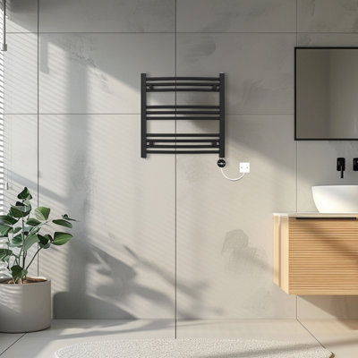 Rinse Bathrooms Touch Screen Electric Heated Towel Rail Curved Thermostatic Bathroom Towel Radiator with Timer Black - 600x600mm