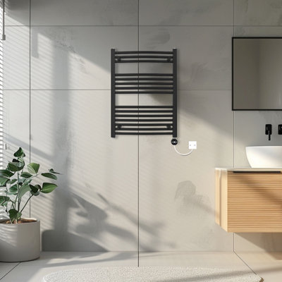 Rinse Bathrooms Touch Screen Electric Heated Towel Rail Curved Thermostatic Bathroom Towel Radiator with Timer Black - 800x600mm