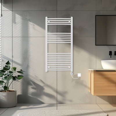 Rinse Bathrooms Touch Screen Electric Heated Towel Rail Curved Thermostatic Bathroom Towel Radiator with Timer White 1200x600mm