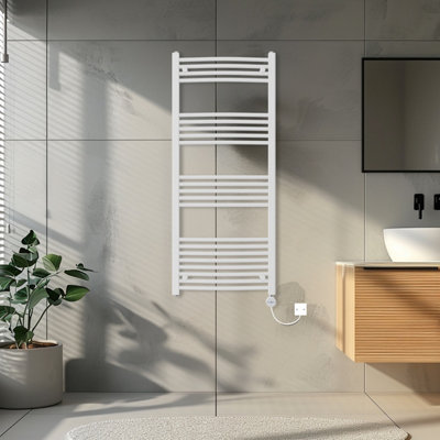 Rinse Bathrooms Touch Screen Electric Heated Towel Rail Curved Thermostatic Bathroom Towel Radiator with Timer White 1400x600mm