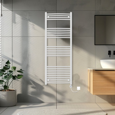 Rinse Bathrooms Touch Screen Electric Heated Towel Rail Curved Thermostatic Bathroom Towel Radiator with Timer White 1600x600mm