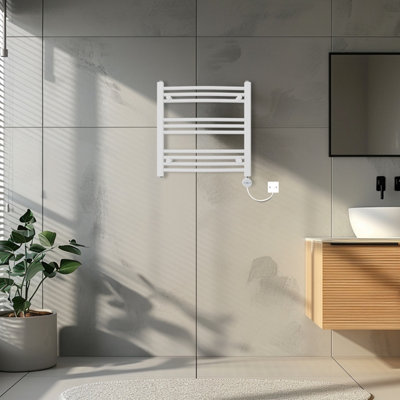 Rinse Bathrooms Touch Screen Electric Heated Towel Rail Curved Thermostatic Bathroom Towel Radiator with Timer White - 600x600mm