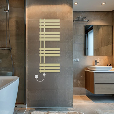 Rinse Bathrooms Touch Screen Thermostatic Electric Bathroom D Shape Tube Heated Towel Rail with Timer 1200x450mm - Brushed Brass Price Comparisons | Compare The Build